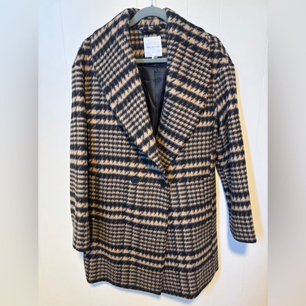 Avec Les Filles Black and Camel Houndstooth Double Breasted Coat NWOT